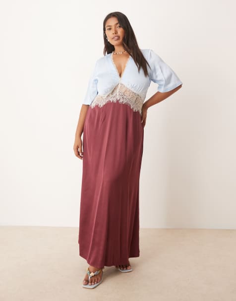 Never Fully Dressed Plus puff sleeve lace insert midaxi dress in burgundy