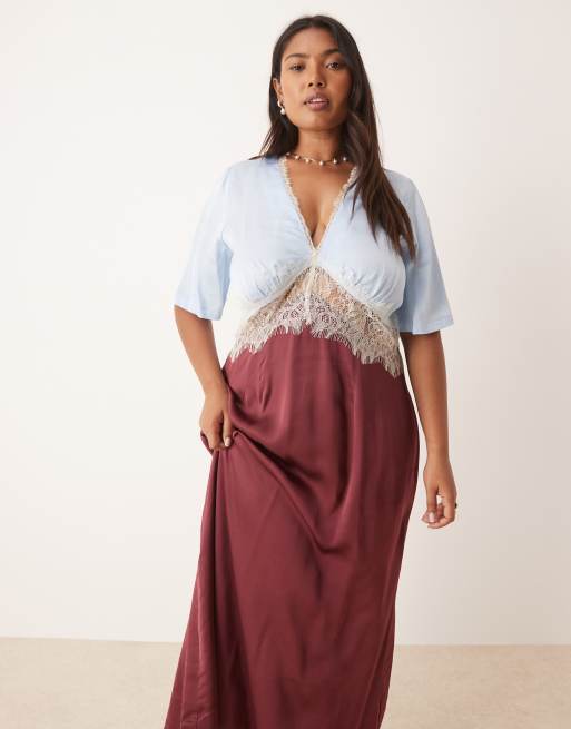 Never Fully Dressed Plus puff sleeve lace insert midaxi dress in burgundy |  ASOS
