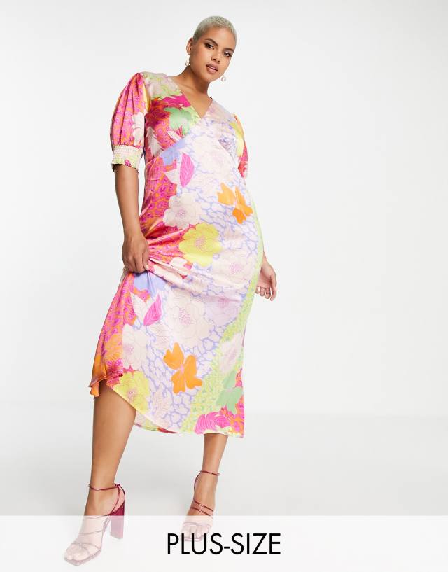 Never Fully Dressed Plus puff sleeve maxi tea dress in contrast floral prints