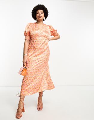 Never Fully Dressed Plus puff sleeve midaxi dress in ombre shell print - ASOS Price Checker