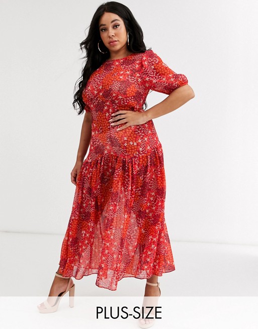 Never Fully Dressed Plus puff sleeve midi dress in red floral print