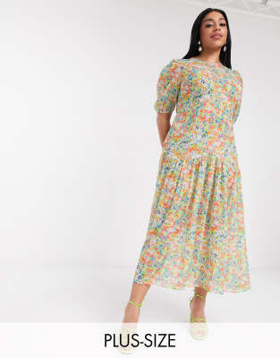 Never Fully Dressed Plus puff sleeve sheer tiered trapeze maxi dress in yellow floral print-Multi