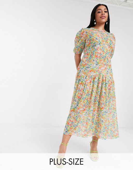 Never Fully Dressed Plus puff sleeve sheer tiered trapeze maxi dress in yellow floral print