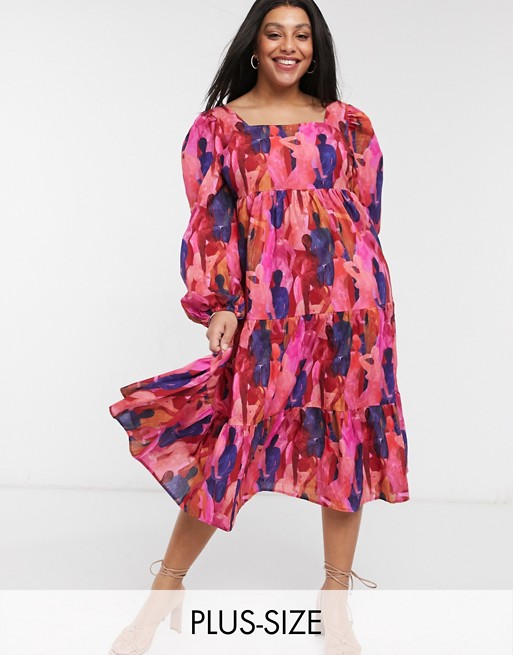 Never Fully Dressed Plus puff sleeve tiered smock dress in deep tone people print