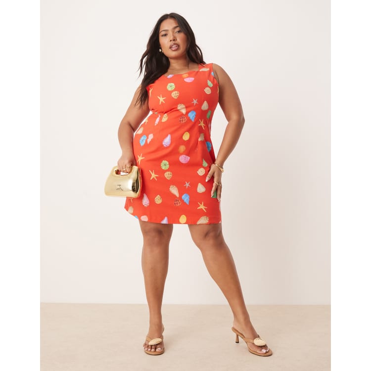 Never Fully Dressed Plus rainbow shell print mini shift dress in red | ASOS