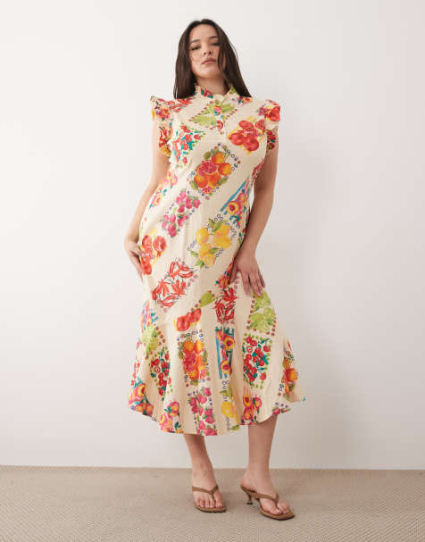Never Fully Dressed Plus Remi flutter sleeve button placket midi dress in pink fruit sticker print - view 1
