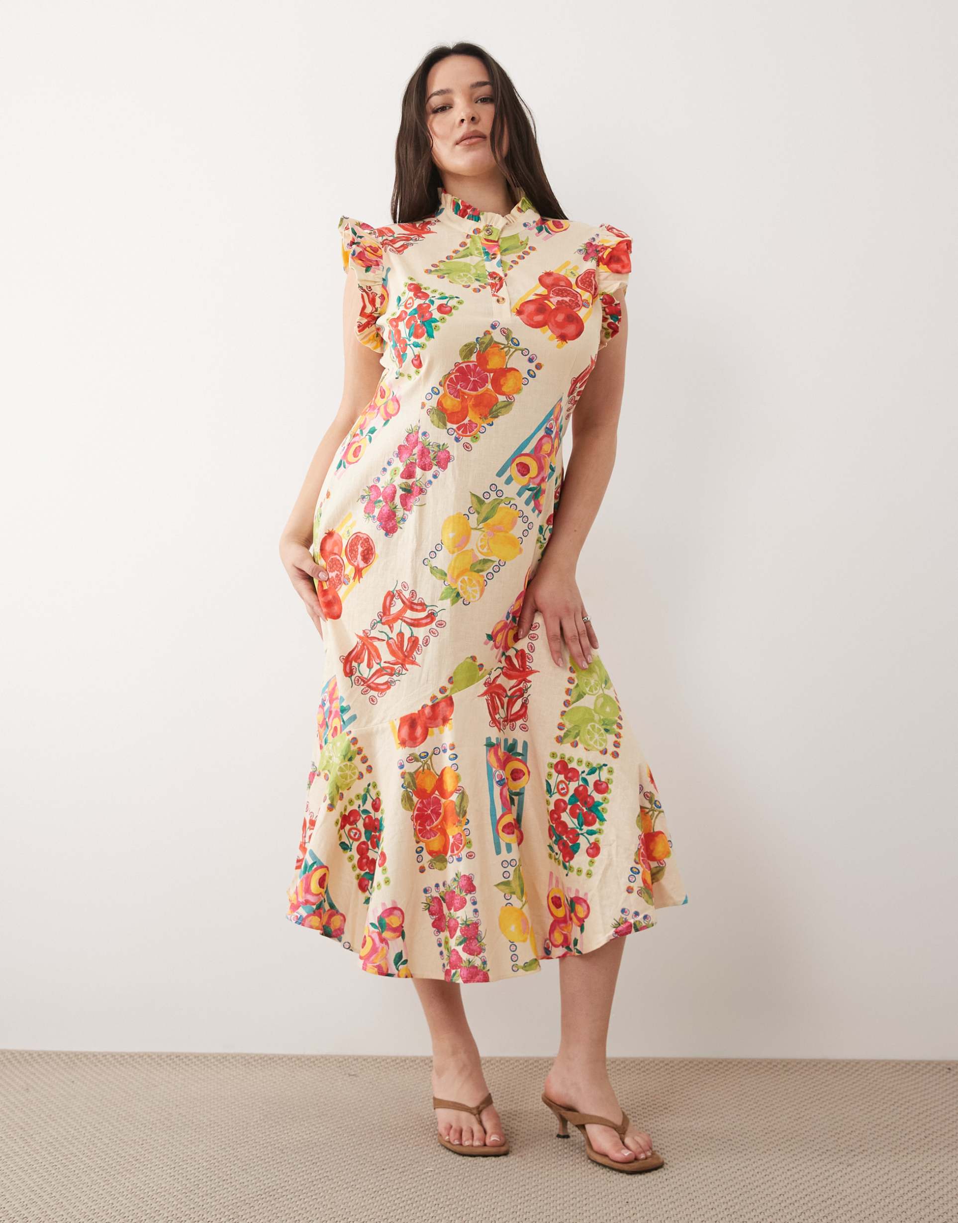 never fully dressed plus remi flutter sleeve midi dress in pink fruit sticker print