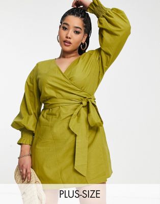 Never Fully Dressed Plus balloon sleeve shirt mini dress in olive green - ASOS Price Checker
