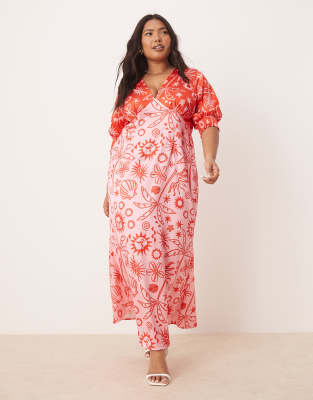 Never Fully Dressed Plus - Robe contrastante longueur mollet à imprimé palmier - Rouge et rose