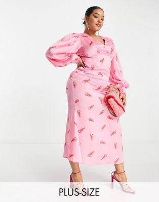 Never Fully Dressed Plus balloon sleeve maxi dress in lobster print - ASOS Price Checker