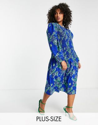 Femme Never Fully Dressed Plus - Robe longueur mollet à fronces et imprimé léopard - Bleu