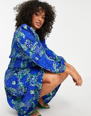 Femme Never Fully Dressed Plus - Robe longueur mollet à fronces et imprimé léopard - Bleu