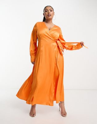 Never Fully Dressed Plus satin wrap midaxi dress in vibrant orange - ASOS Price Checker