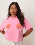 [Never Fully Dressed Plus] Never Fully Dressed Plus rose print baby tee in pink and red XXL Bright Pink