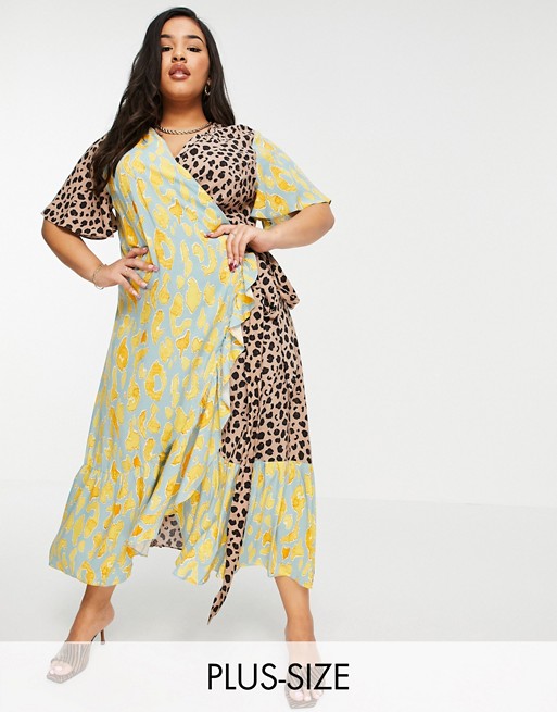 Never Fully Dressed Plus ruffle hem wrap midaxi dress in contrast leopard print