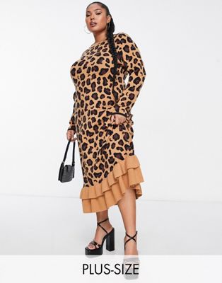 Never Fully Dressed Plus Ruffle Knit Midi Dress In Leopard Print-brown