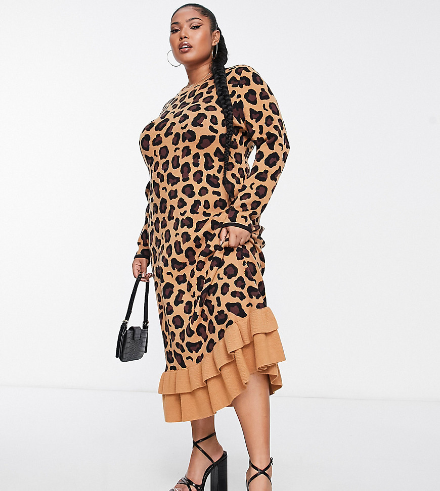 ruffle knit midi dress in leopard print-Brown