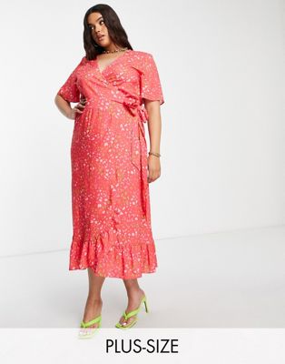 Never Fully Dressed Plus ruffle wrap midaxi dress in pink animal spot - ASOS Price Checker