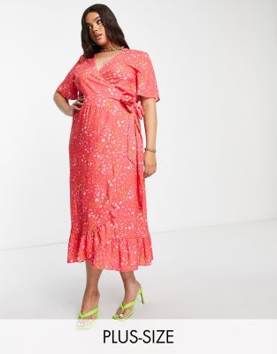 Never Fully Dressed Plus ruffle wrap midaxi dress in pink animal spot - ASOS Price Checker