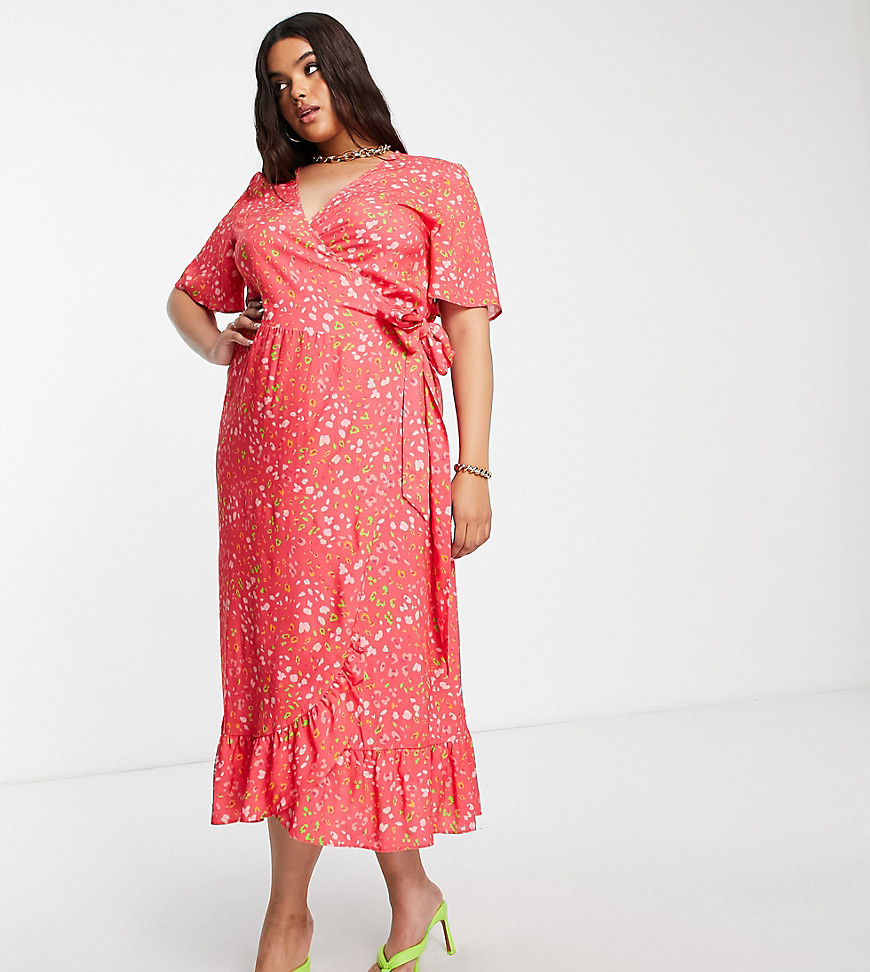 Never Fully Dressed Plus ruffle wrap midaxi dress in pink animal spot