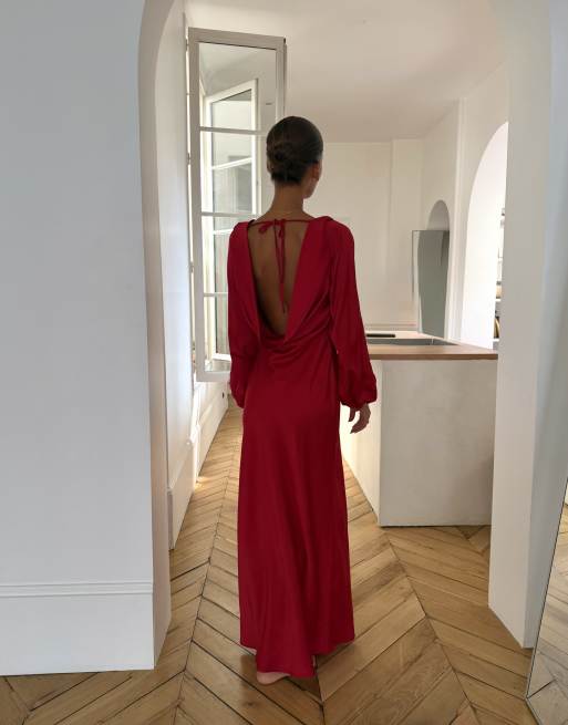 Never Fully Dressed Plus satin plunge scarf detail maxi dress in red, 2 of 4
