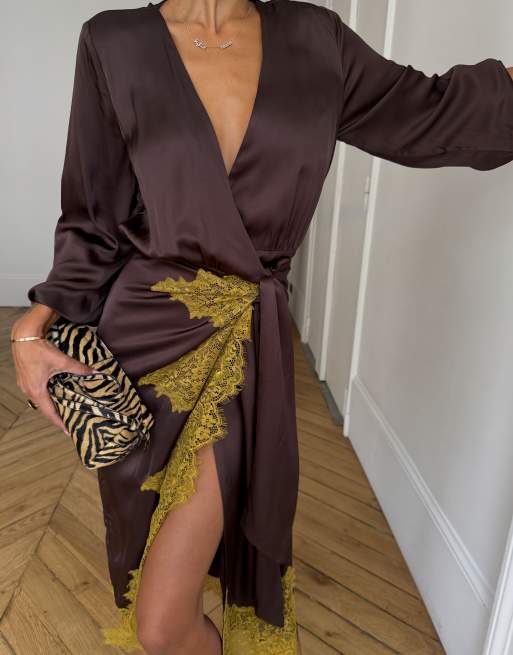 Never Fully Dressed Plus satin wrap lace detail midi dress in chocolate, 3 of 4