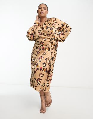 Never Fully Dressed Plus satin long sleeve animal wrap midaxi dress-Multi