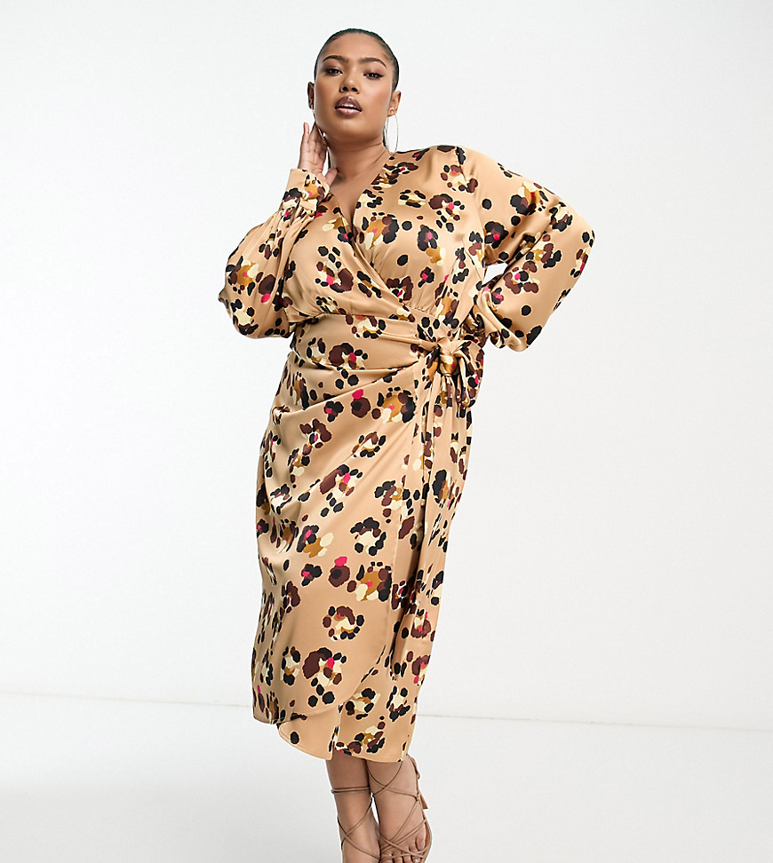 satin wrap midaxi dress in leopard print-Multi