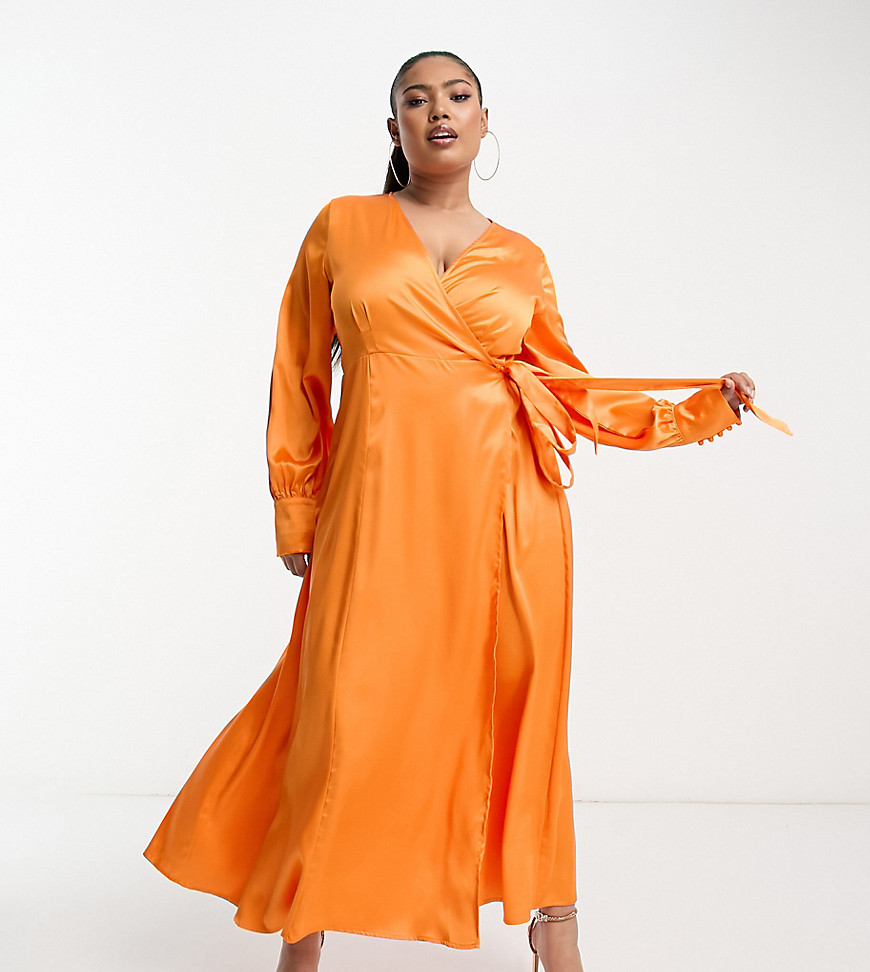 Never Fully Dressed Plus satin wrap midaxi dress in vibrant orange