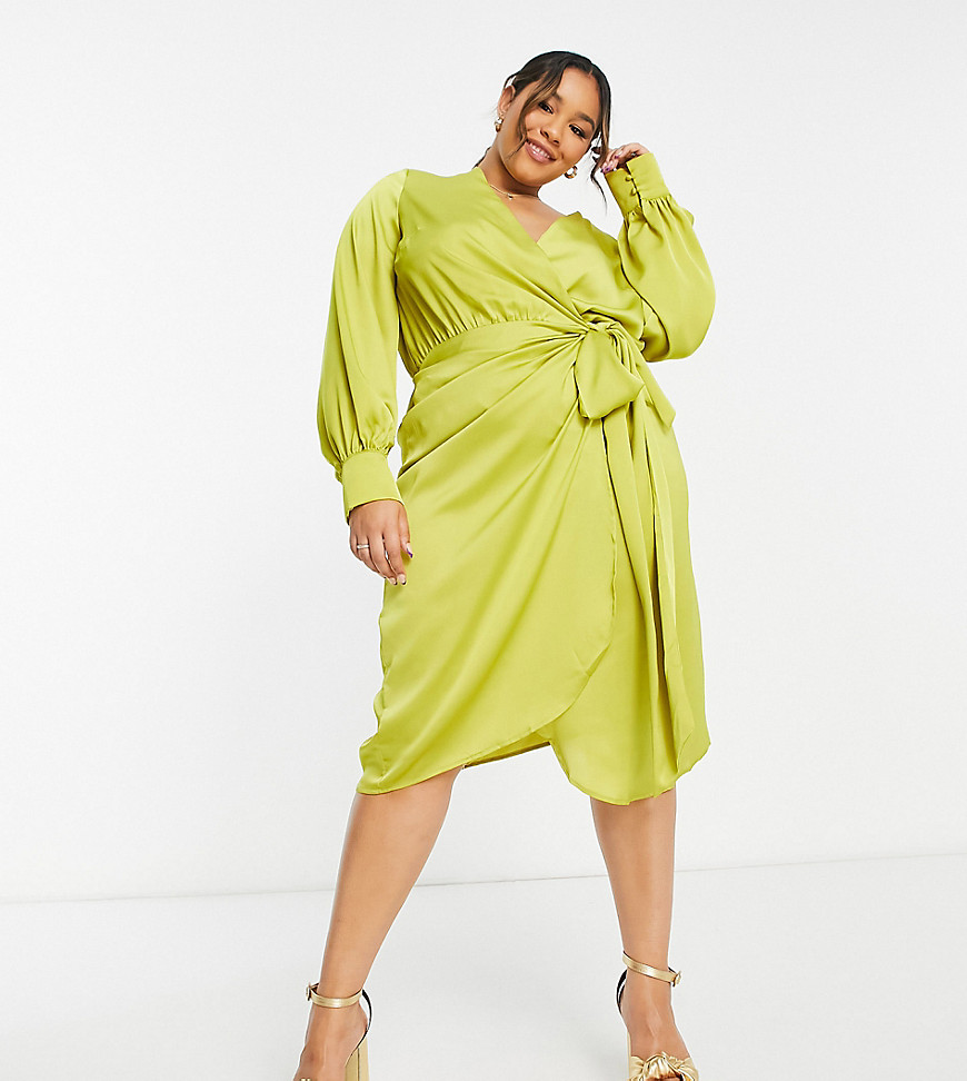 Never Fully Dressed Plus satin wrap midi dress in olive green