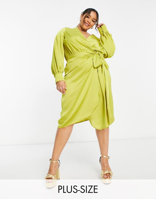 Never Fully Dressed Plus - satin wrap midi dress in olive green