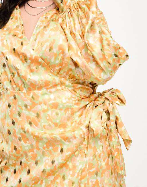 Never Fully Dressed Plus satin wrap midi dress in pastel/gold mix | ASOS