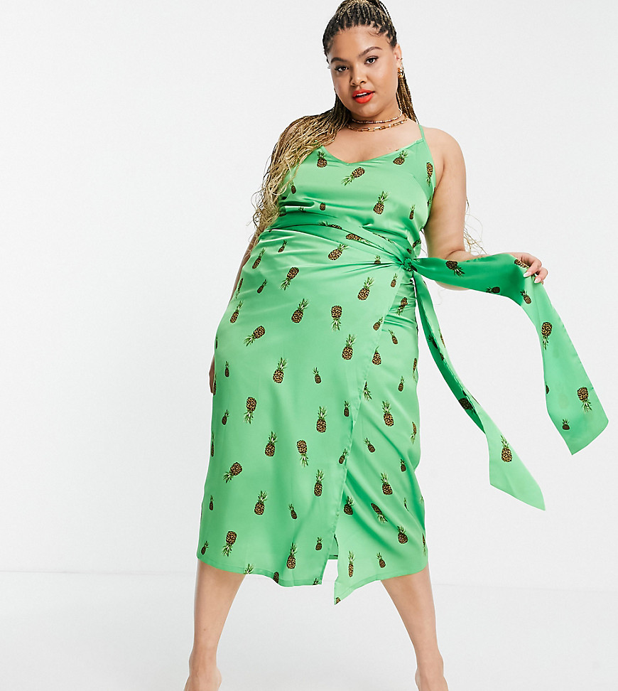 Never Fully Dressed Plus satin wrap midi skirt in green leopard pineapple print - part of a set
