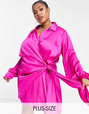 Never Fully Dressed Plus Satin Wrap Mini Dress In Fuchsia Pink