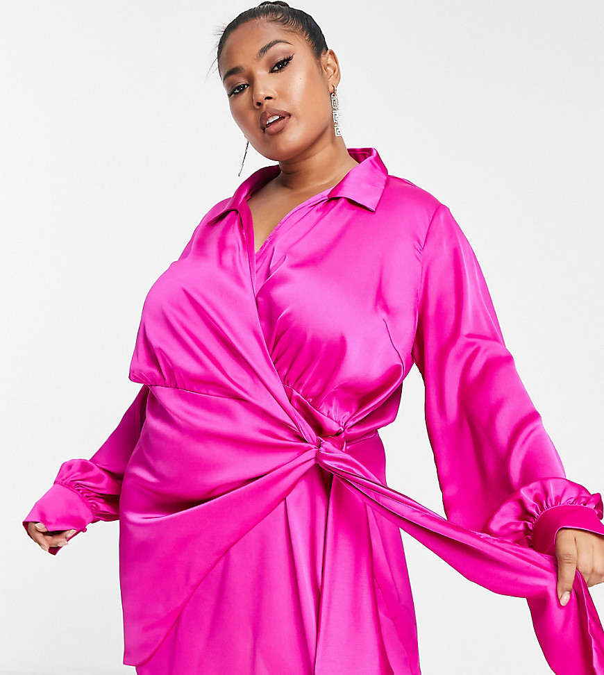 satin wrap mini dress in fuchsia pink