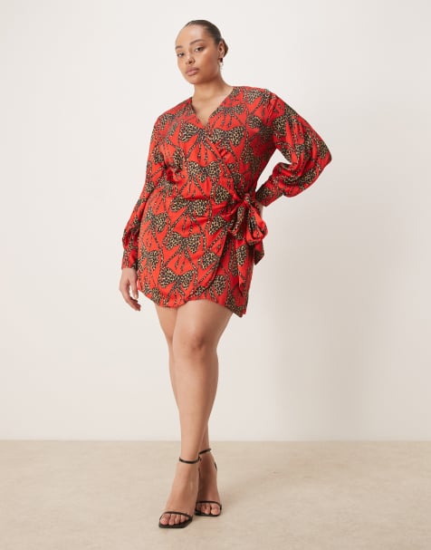 Never Fully Dressed Plus satin wrap tie side mini dress in red leopard bow print - view 1