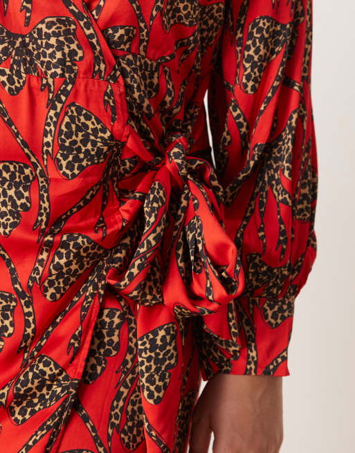 satin red leopard mini dress Red Leopard Satin Ruched Side Slip Dress