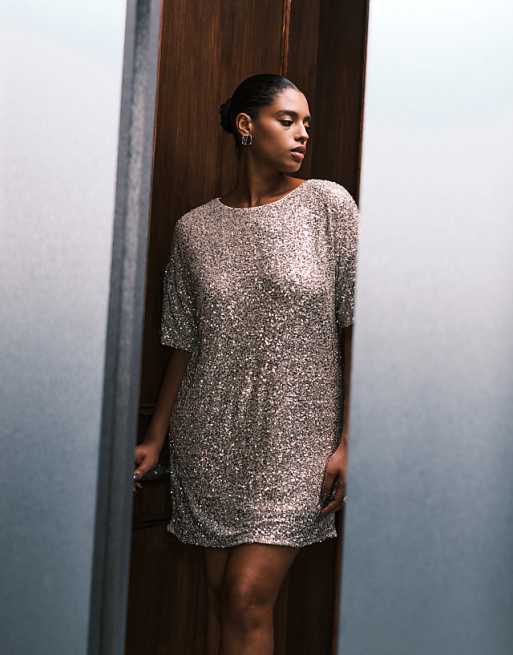 knee length dresses for ladies Silver Strapless Sequin Fringe Mini Dress Sparkling Party & Cocktail Dress