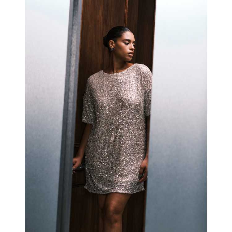 Never Fully Dressed Plus sequin t-shirt mini dress in silver | ASOS