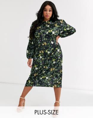 Never Fully Dressed Plus sheer long sleeve midi dress in contrast pear print | ASOS