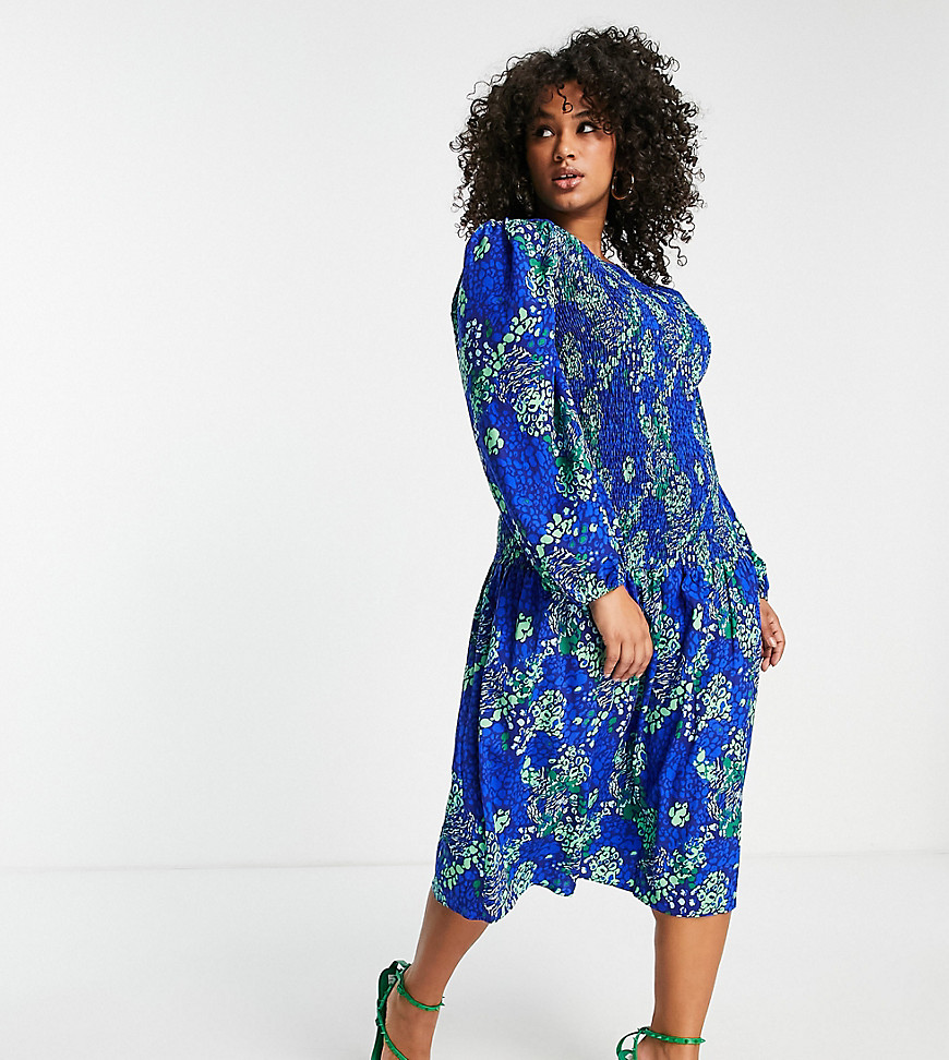 Never Fully Dressed Plus shirred midaxi dress in blue leopard print-Blues