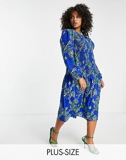 Dresses Never Fully Dressed Plus shirred midaxi dress in blue leopard print 