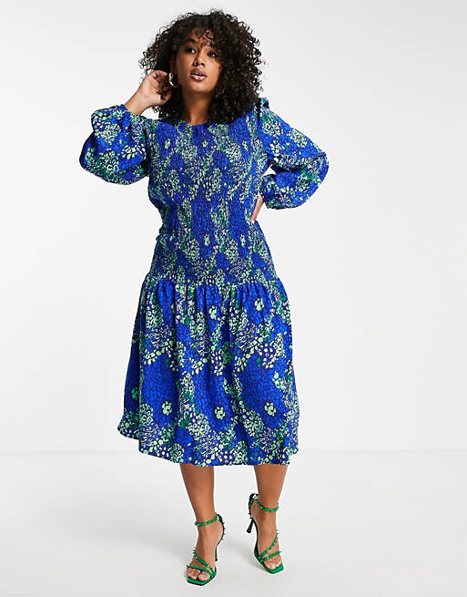 Dresses Never Fully Dressed Plus shirred midaxi dress in blue leopard print 