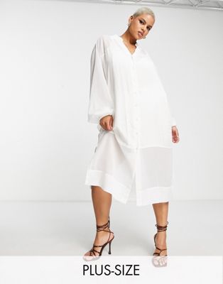 Never Fully Dressed Plus shirt midi dress with sheer panel in white