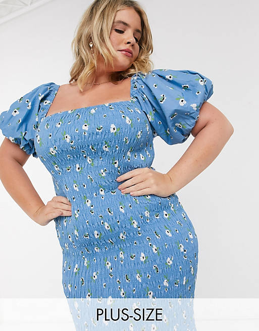 Never Fully Dressed Plus square neck puff sleeve shirred midi dress in blue floral print