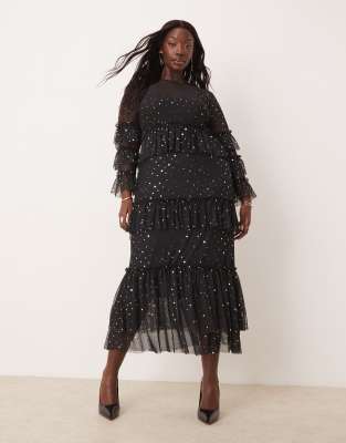 star print mesh midaxi dress in black