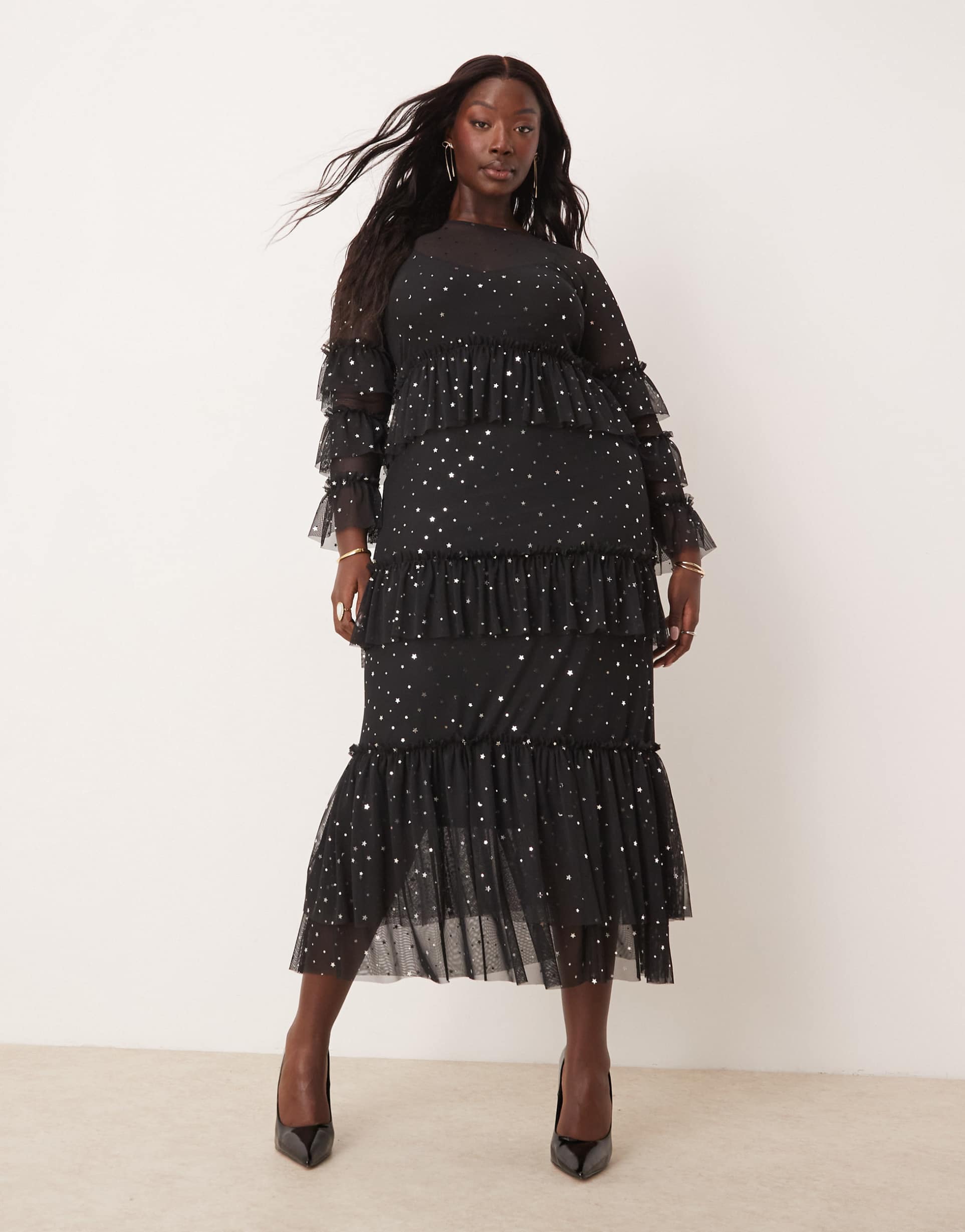 never fully dressed plus star print mesh midaxi dress in black