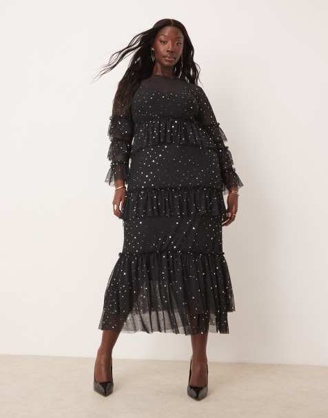 Never Fully Dressed Plus star print mesh midaxi dress in black