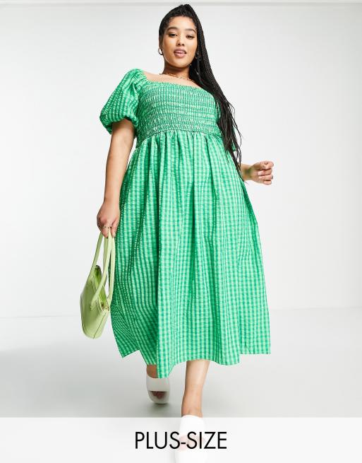 Never Fully Dressed Plus – Strukturiertes Midi-Hängerkleid mit grünem Karomuster