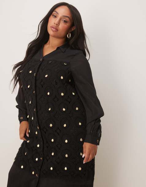 Never Fully Dressed Plus – Svart, virkad skjortklänning i lång modell - view 1